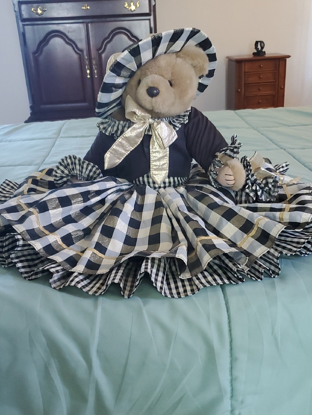 Classic Black & White Gingham Kids Costume Dress with Gold Accents